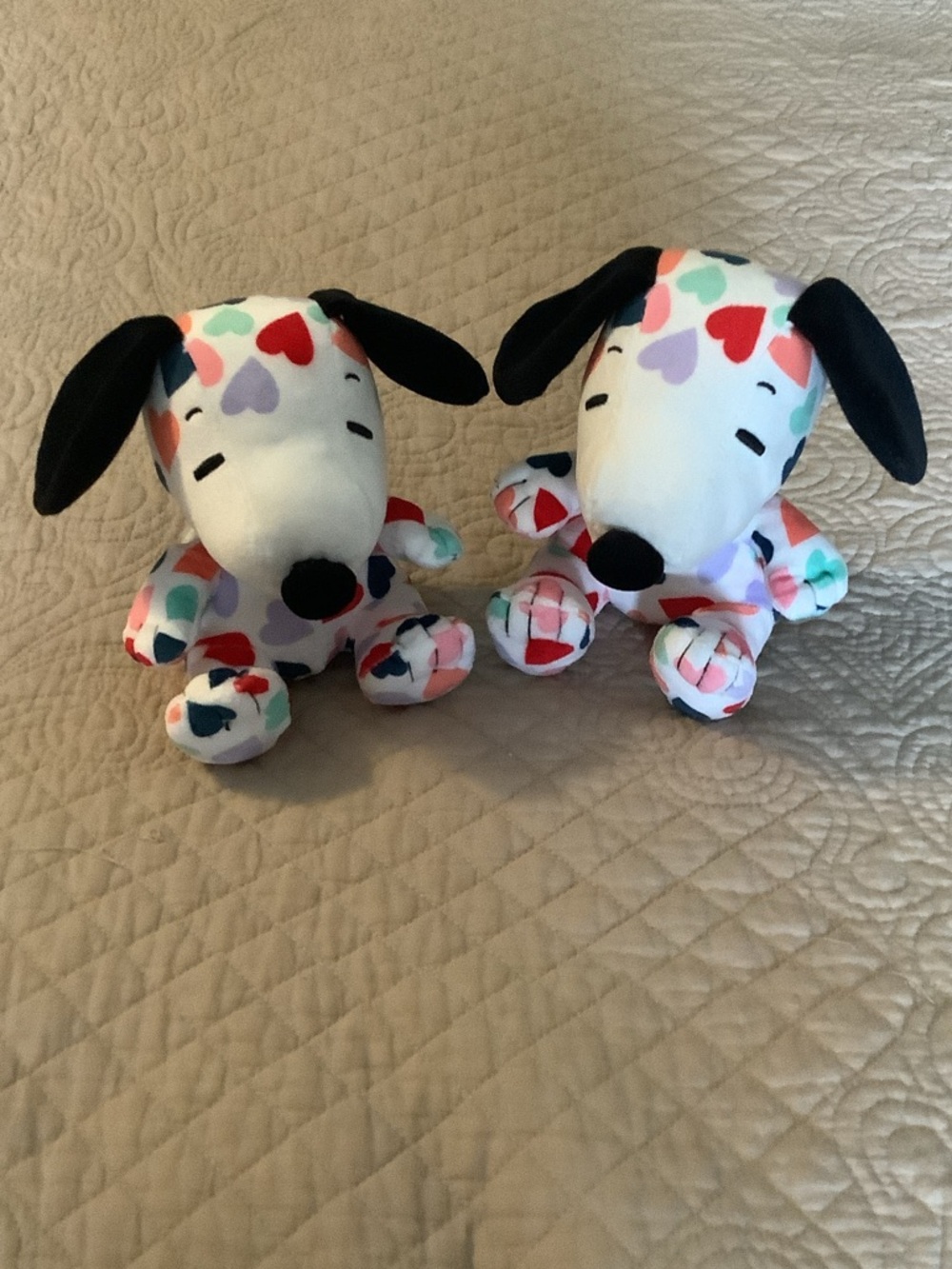 Hallmark White Plush Snoopy Pair with Multicolor Heart Pattern and Black Ears